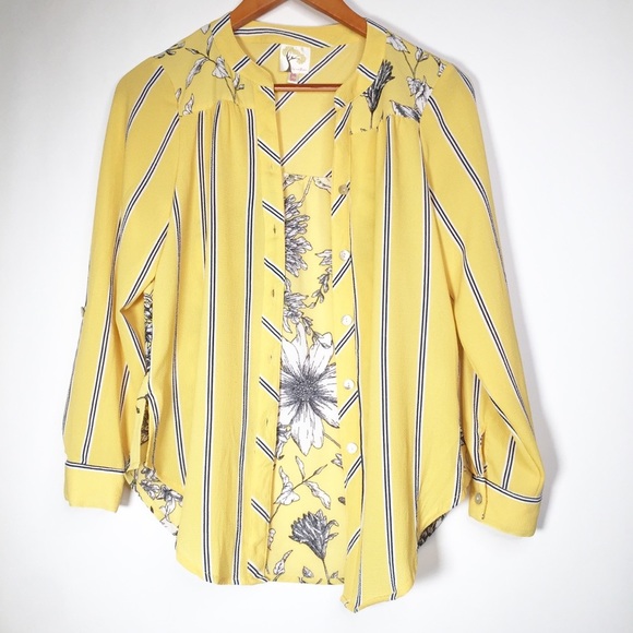 💰 5/25$ ♻️ Fig and Flower SP Yellow Floral Long Sleeve Blouse - Picture 2 of 9